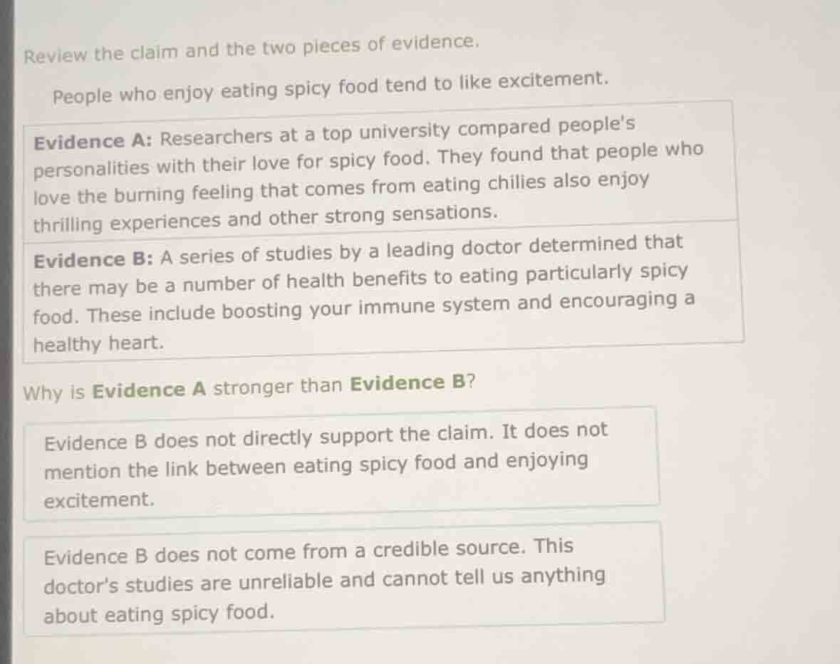 review the claim and the two pieces of evidence. people who enjoy eatin…