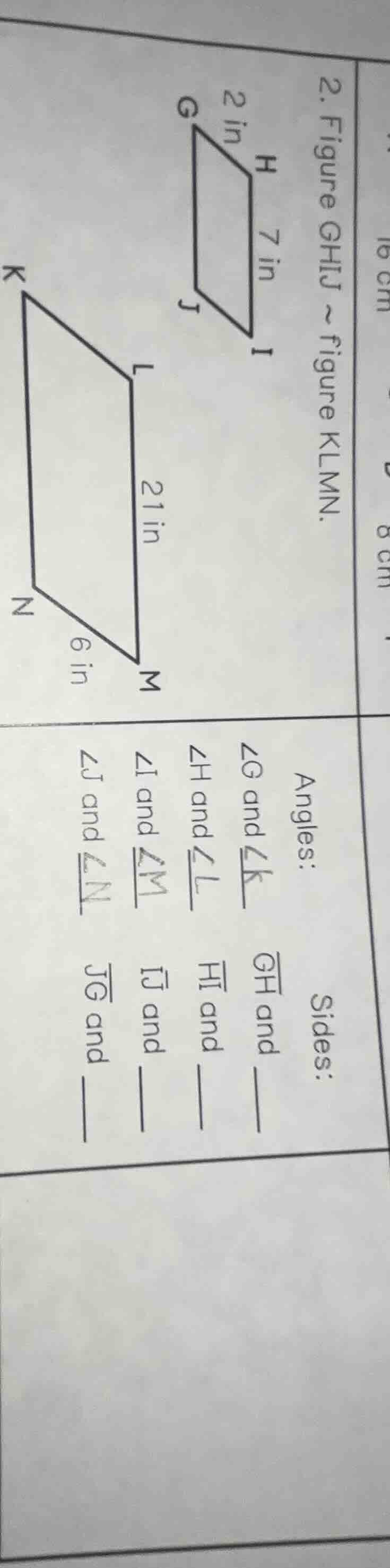 2. figure ghij ~ figure klmn. angles: ∠g and ∠k ∠h and ∠l ∠i and ∠m ∠j …