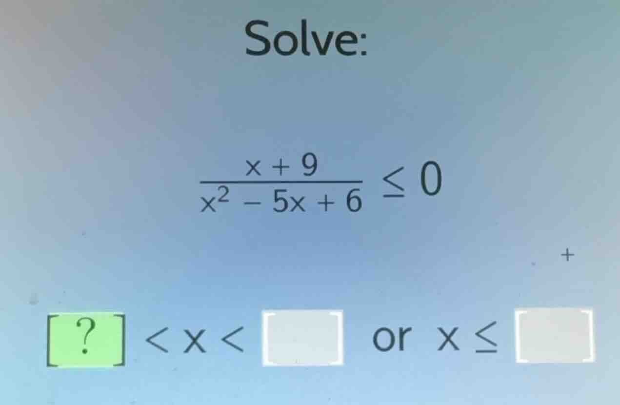 solve: \\(\\frac{x + 9}{x^2 - 5x + 6} \\leq 0\\) \\(? < x < \\square\\)…