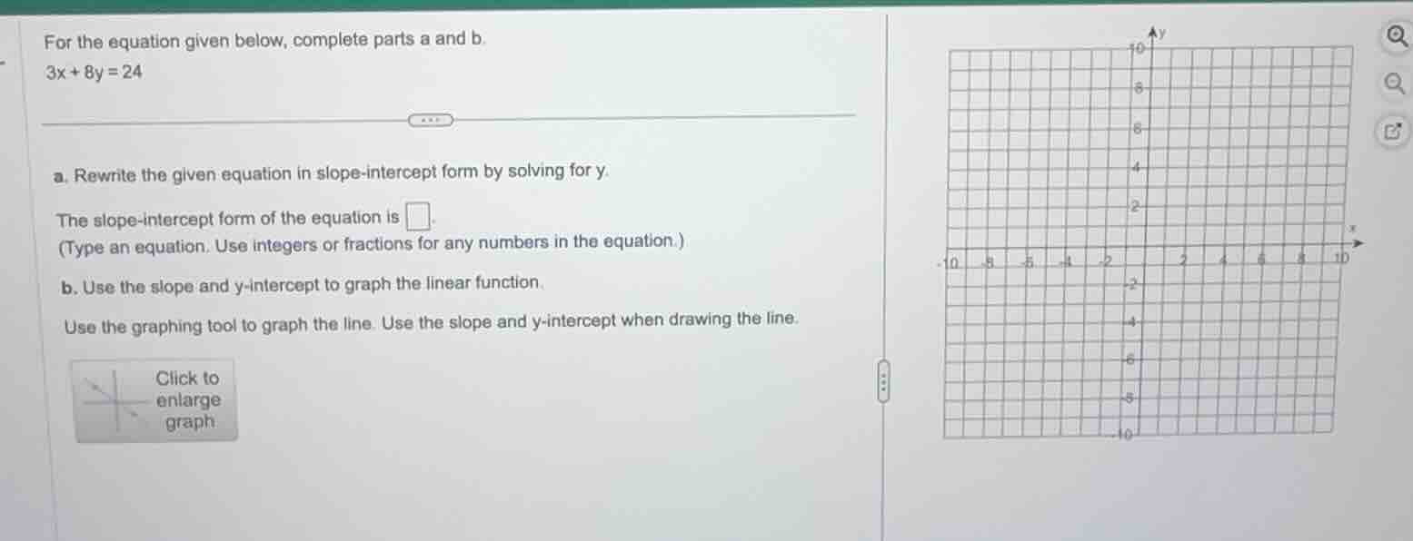 for the equation given below, complete parts a and b.\ $3x + 8y = 24$\ …
