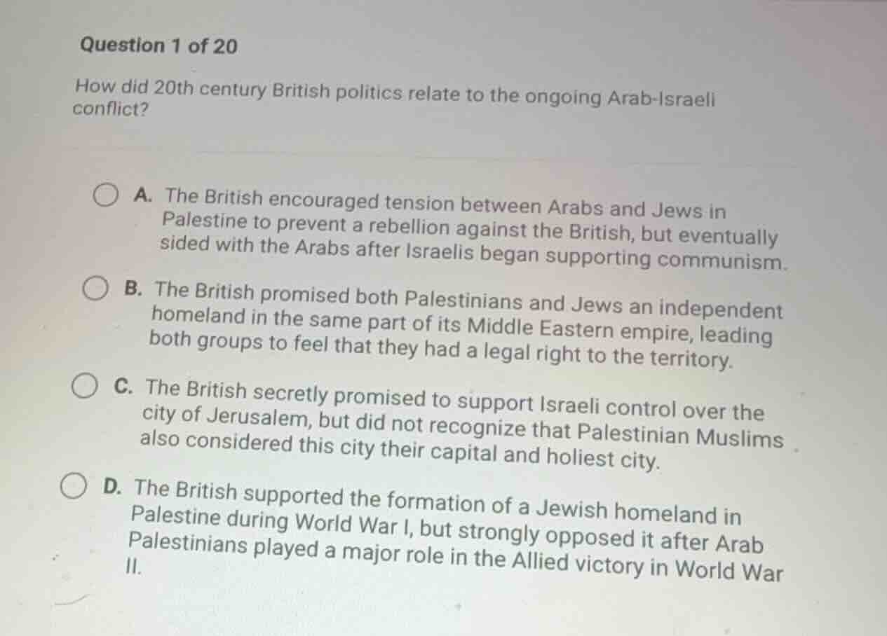 question 1 of 20 how did 20th century british politics relate to the on…