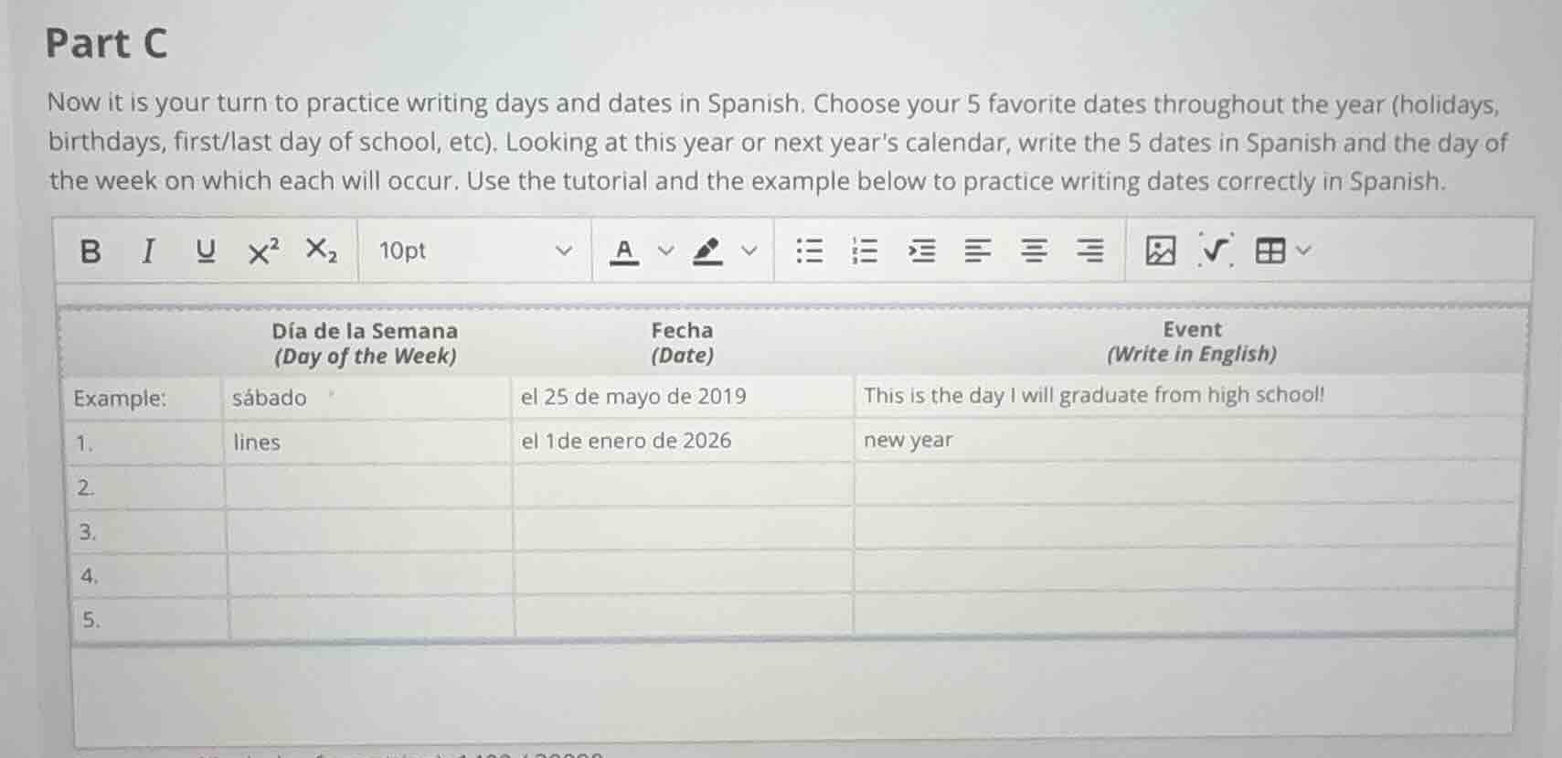 part c now it is your turn to practice writing days and dates in spanis…
