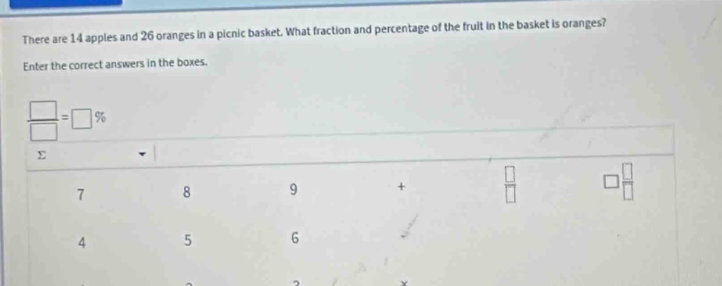 there are 14 apples and 26 oranges in a picnic basket. what fraction an…