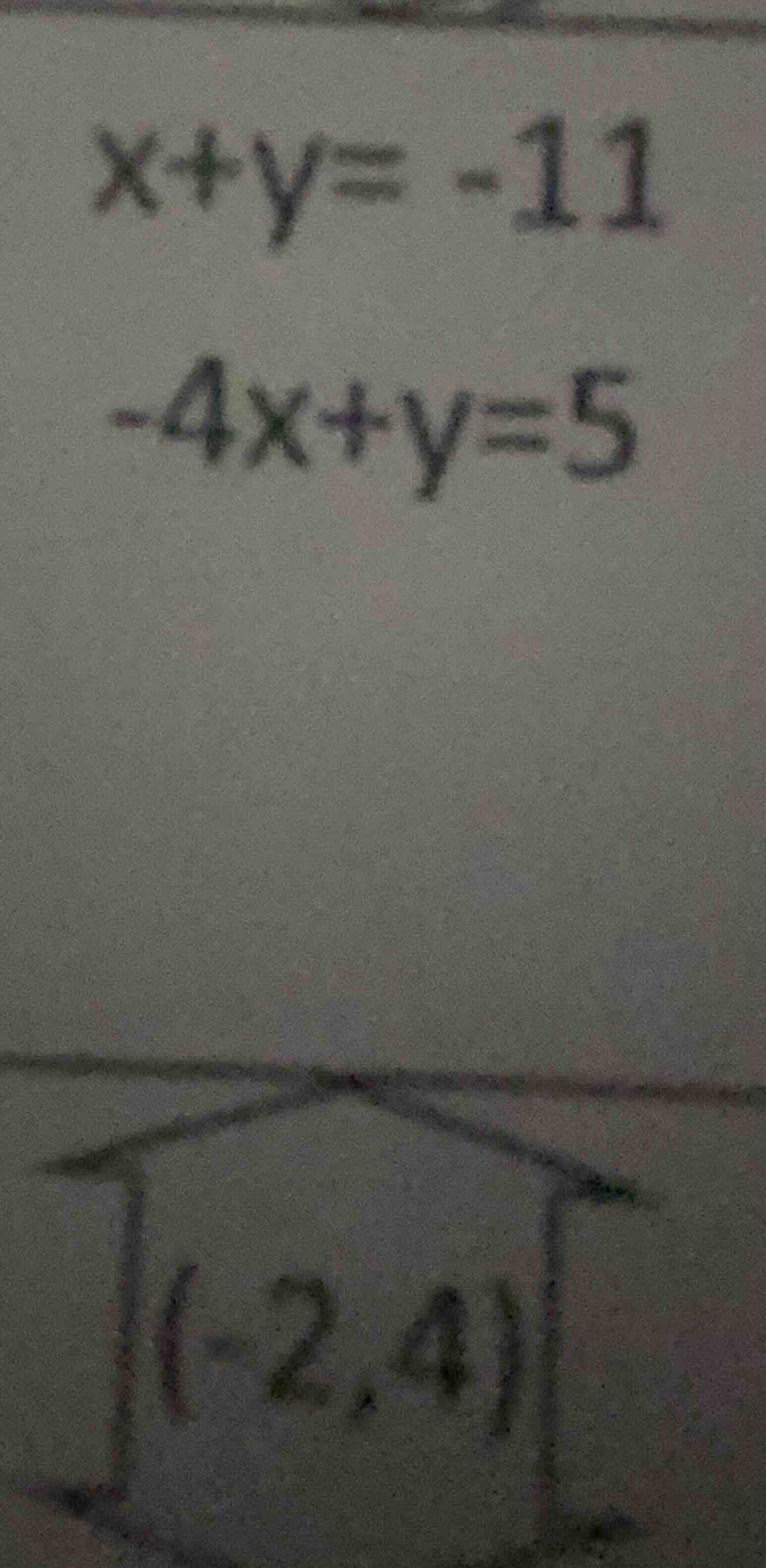 x + y = -11\ -4x + y = 5\ (-2, 4)