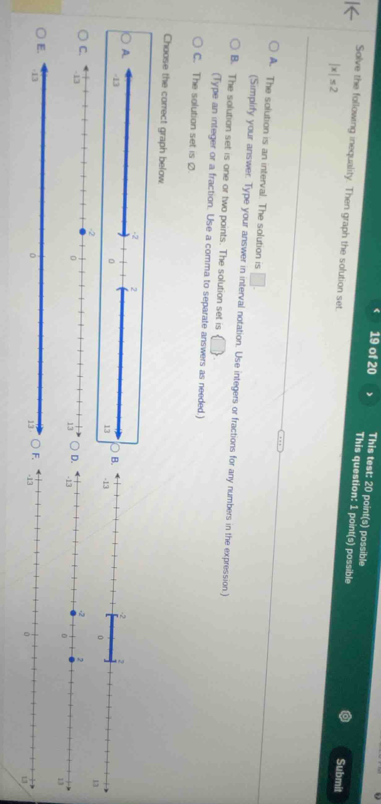 solve the following inequality. then graph the solution set. |x| ≤ 2 a.…