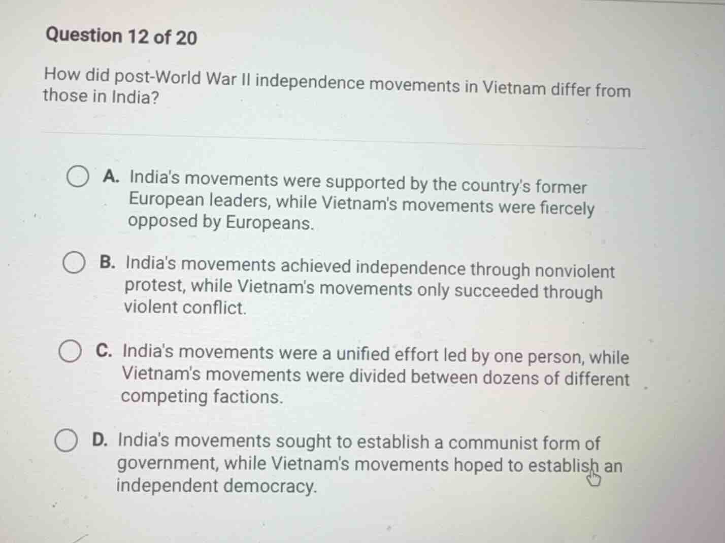 question 12 of 20 how did post - world war ii independence movements in…