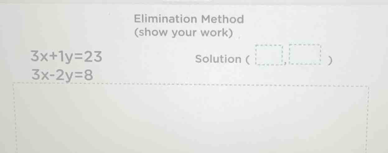 elimination method (show your work) \\(3x + 1y = 23\\) \\(3x - 2y = 8\\…
