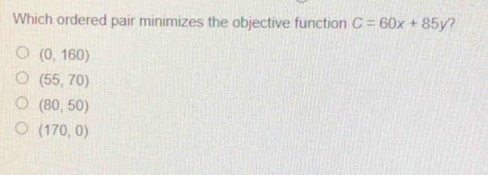 which ordered pair minimizes the objective function $c = 60x + 85y$?\ $…