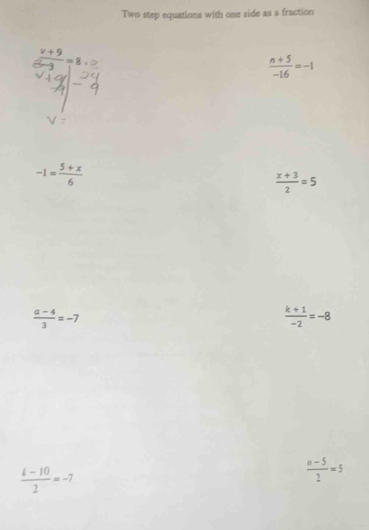 two step equations with one side as a fraction \\(\\frac{v + 9}{3}=8\\)…