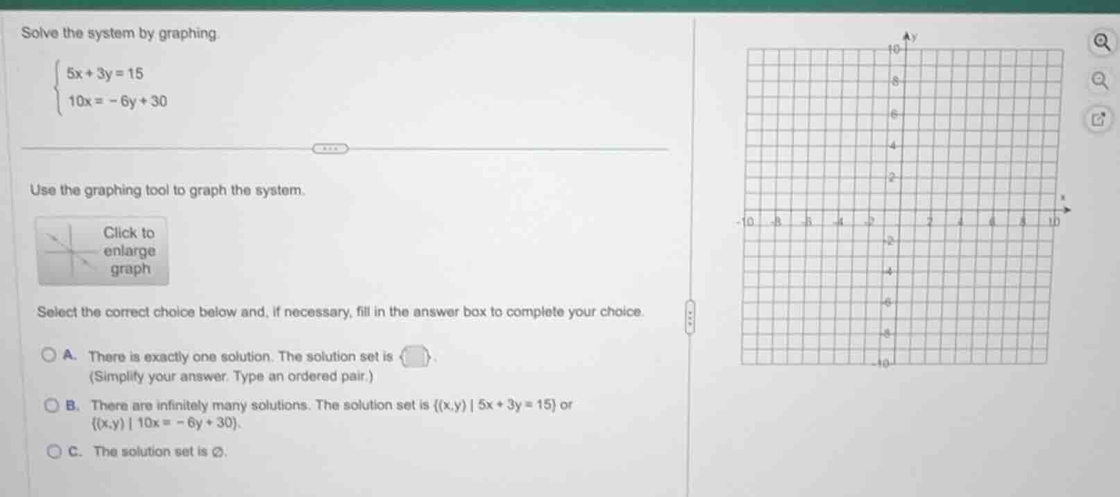 solve the system by graphing \\(\\begin{cases} 5x + 3y = 15 \\\\ 10x = …