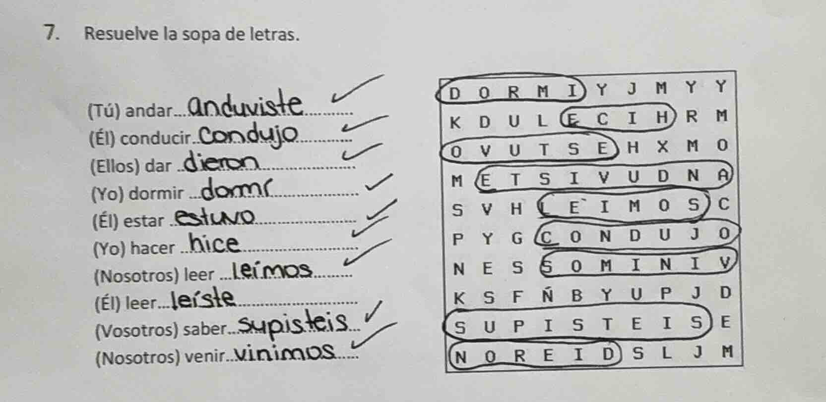 7. resuelve la sopa de letras. (tú) andar... (él) conducir... (ellos) d…