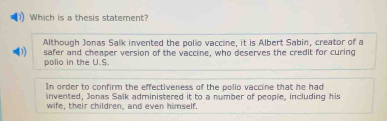 which is a thesis statement? although jonas salk invented the polio vac…