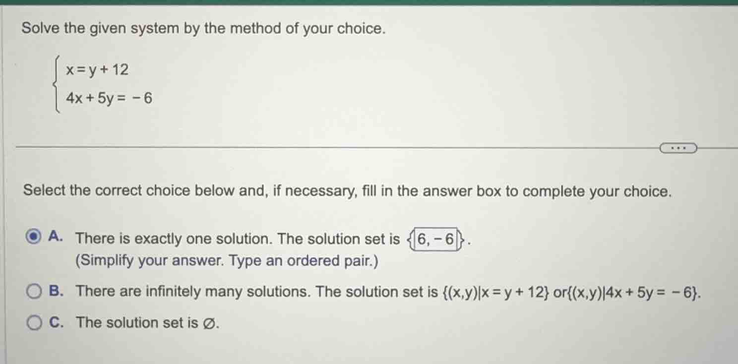 solve the given system by the method of your choice.\\begin{cases}x = y…