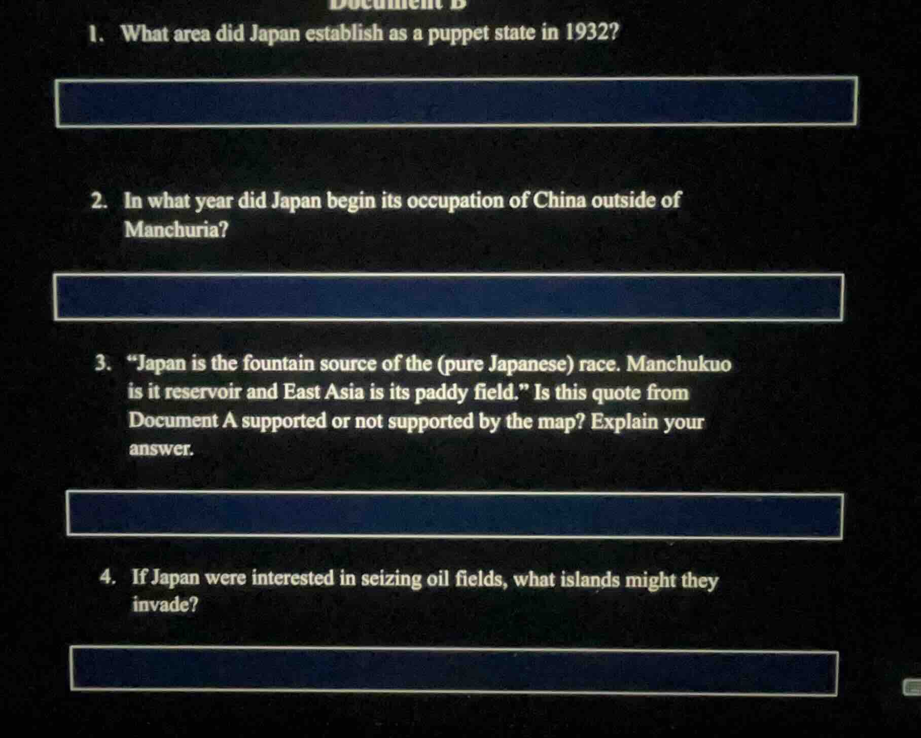1. what area did japan establish as a puppet state in 1932? 2. in what …