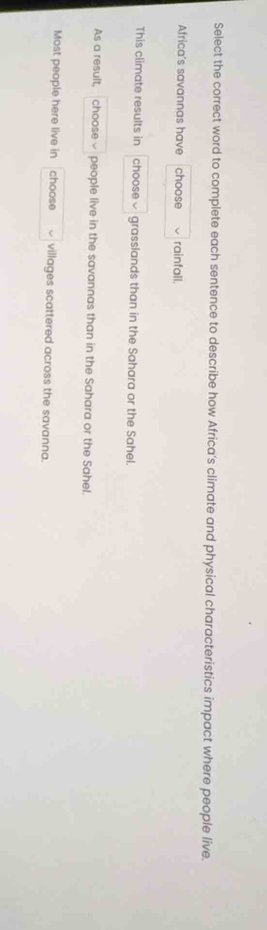 select the correct word to complete each sentence to describe how afric…