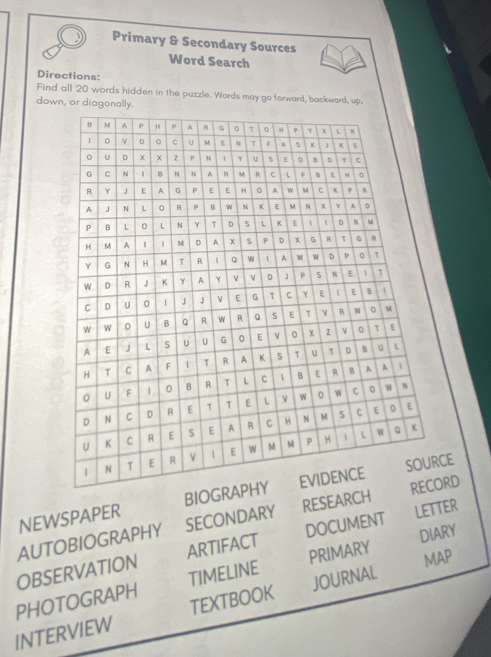 primary & secondary sources word search directions: find all 20 words h…