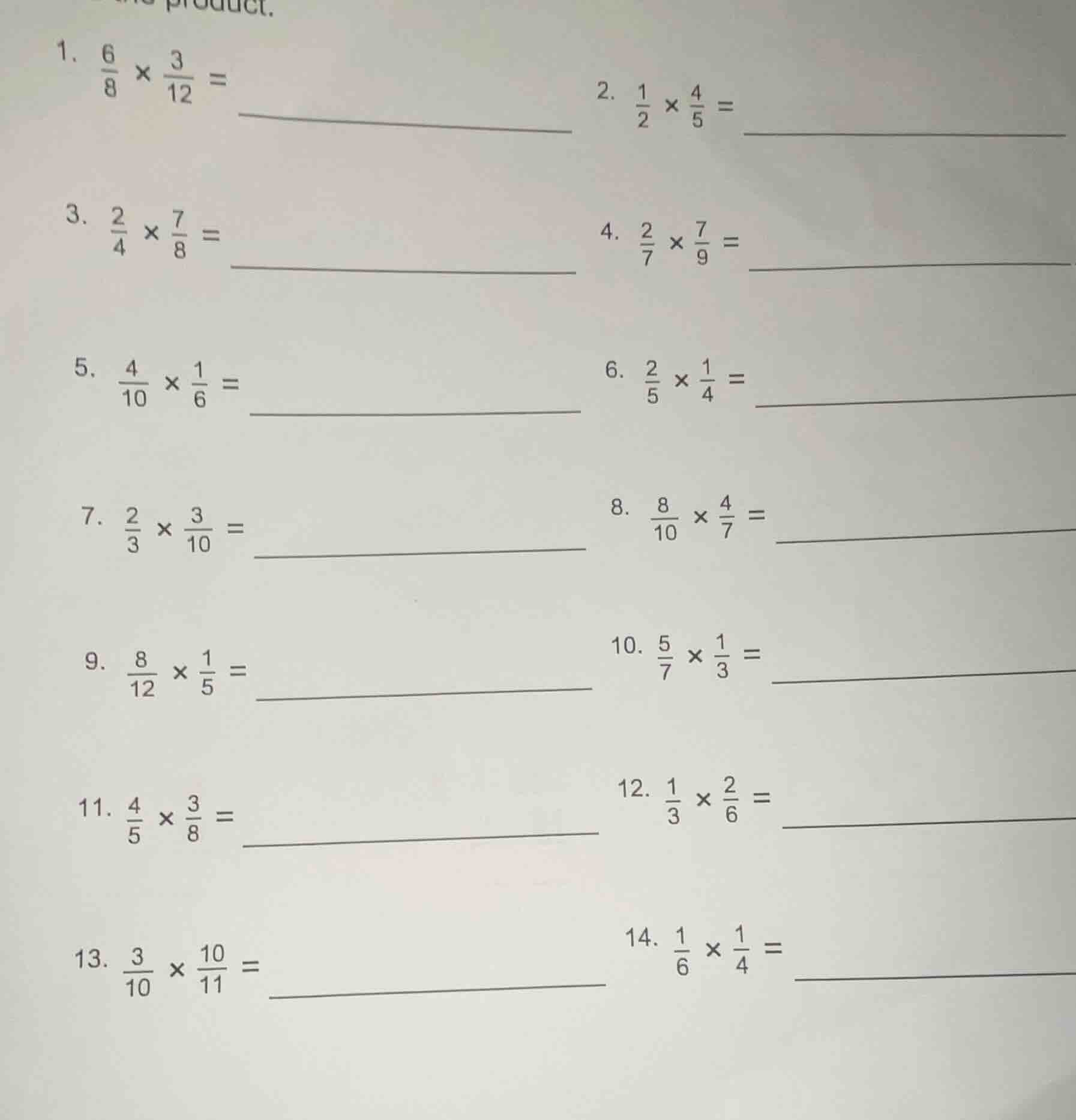 1. \\(\\frac{6}{8} \\times \\frac{3}{12} =\\) \\underline{\\qquad}\\qqu…