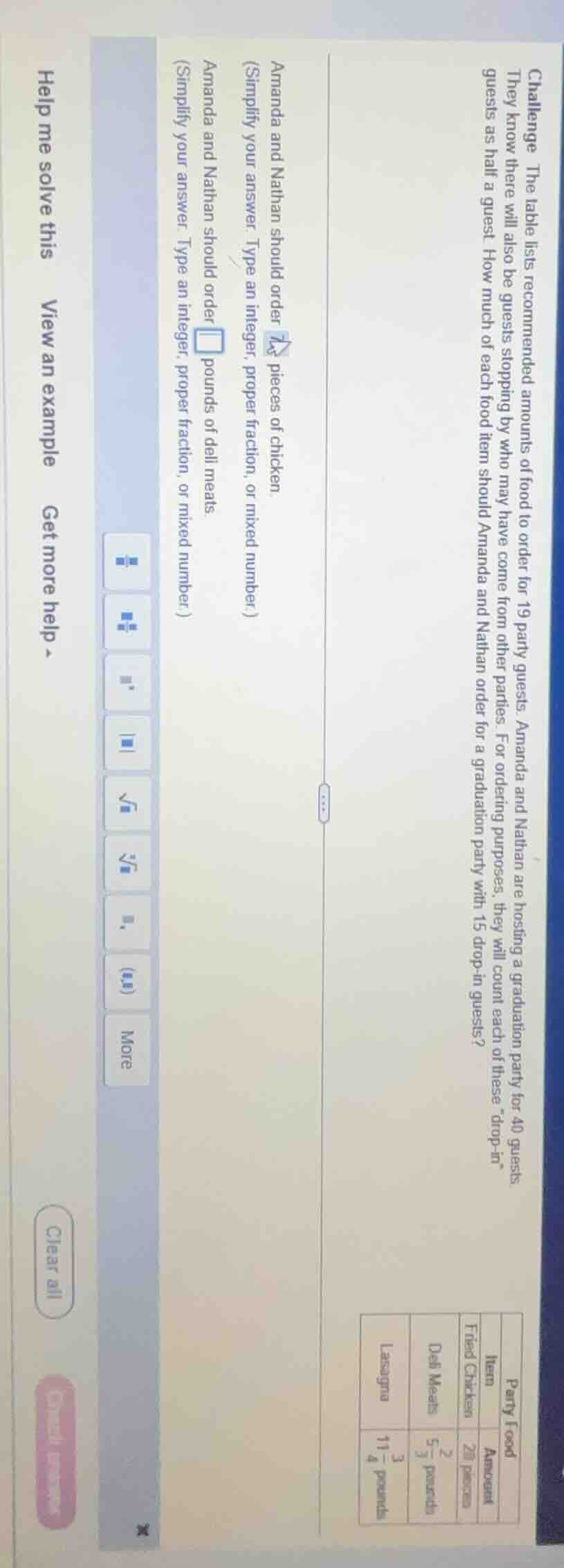 challenge the table lists recommended amounts of food to order for 19 p…