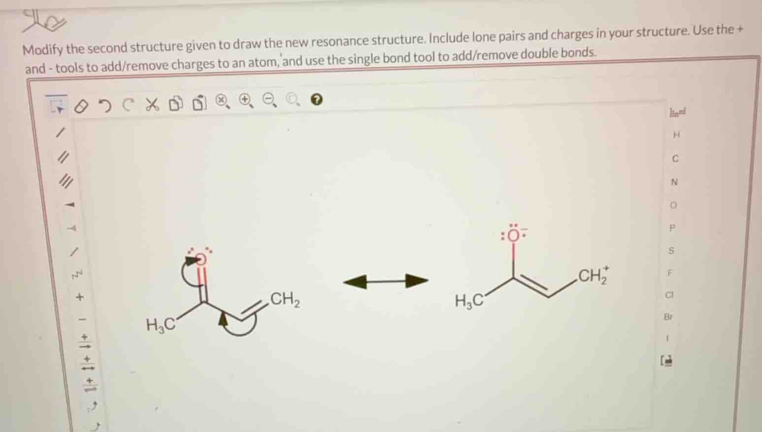modify the second structure given to draw the new resonance structure. …