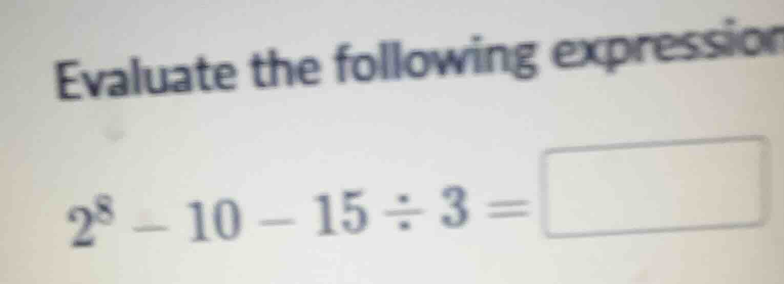 evaluate the following expression $2^8 - 10 - 15 \\div 3 = \\square$