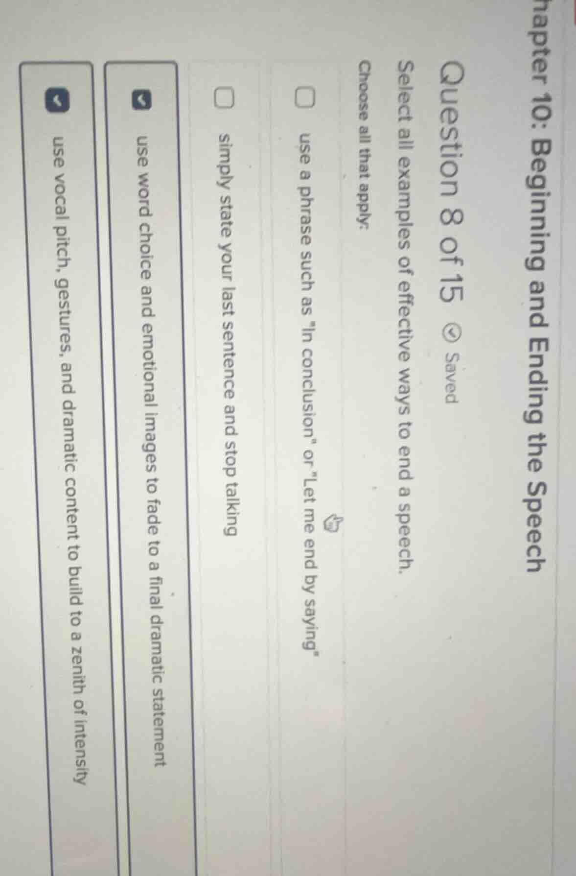chapter 10: beginning and ending the speech question 8 of 15 saved sele…