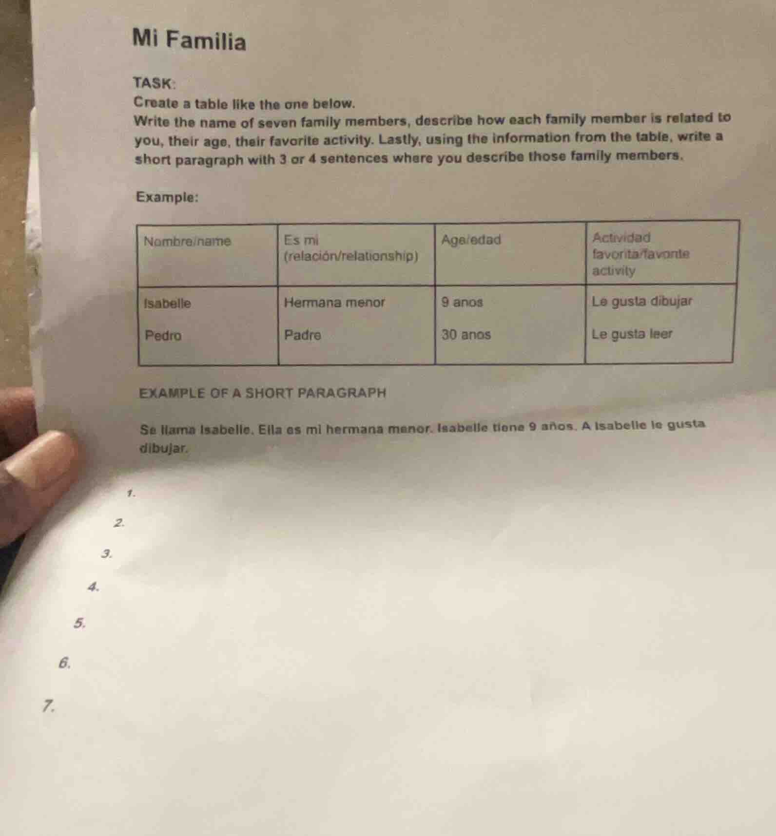 mi familia task: create a table like the one below. write the name of s…