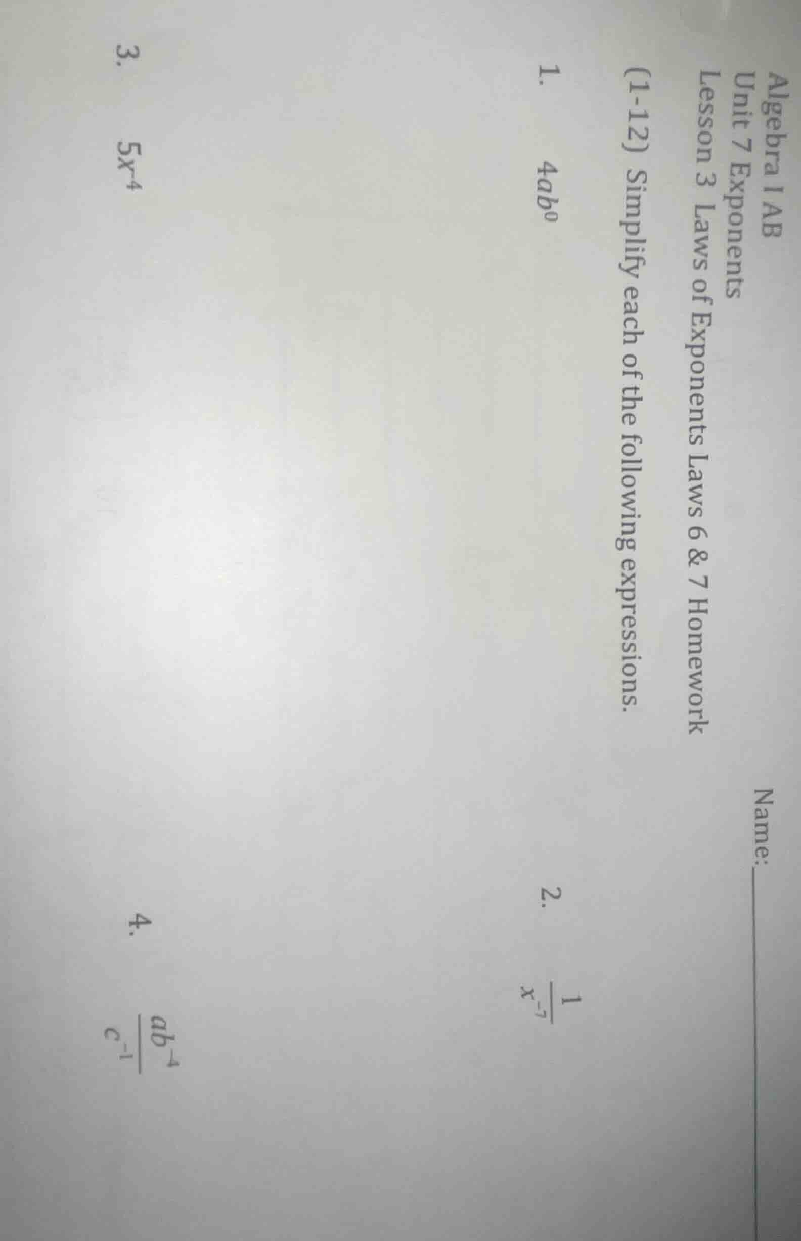 algebra i ab unit 7 exponents lesson 3 laws of exponents laws 6 & 7 hom…