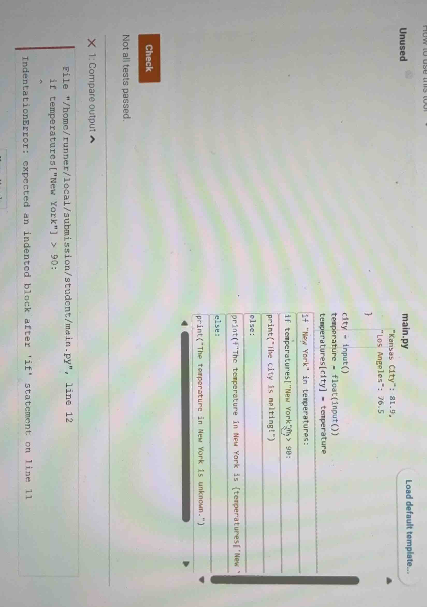 main.py \kansas city\: 81.9, \los angeles\: 76.5 } city = input() tempe…