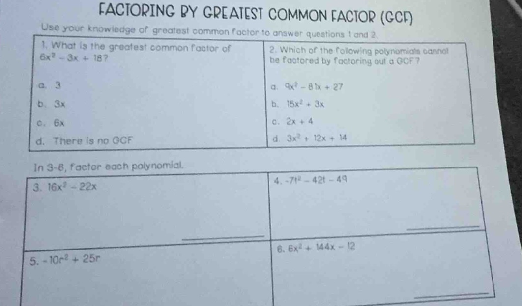 factoring by greatest common factor (gcf) use your knowledge of greates…