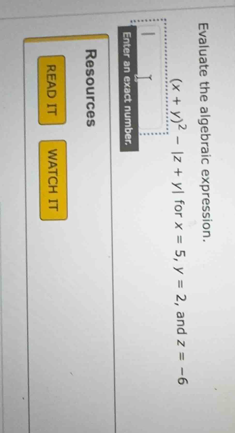 evaluate the algebraic expression. $(x + y)^2 - |z + y|$ for $x = 5$, $…