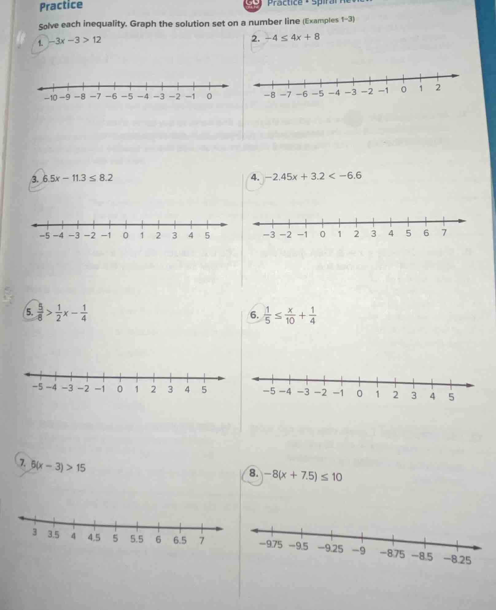practice solve each inequality. graph the solution set on a number line…