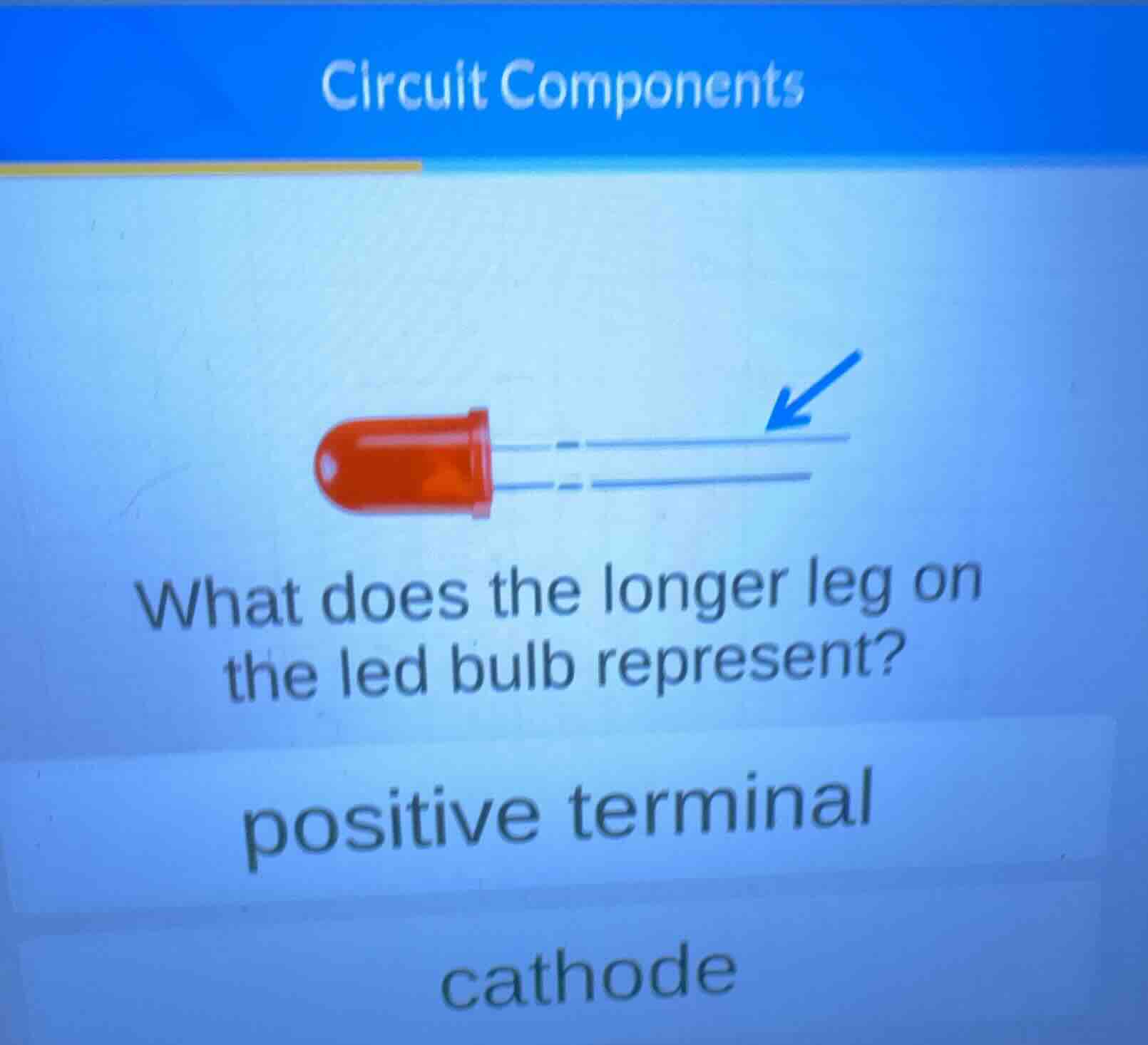 circuit components what does the longer leg on the led bulb represent? …