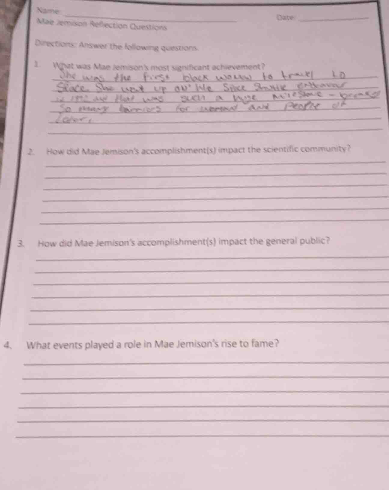 name date mae jemison reflection questions directions: answer the follo…