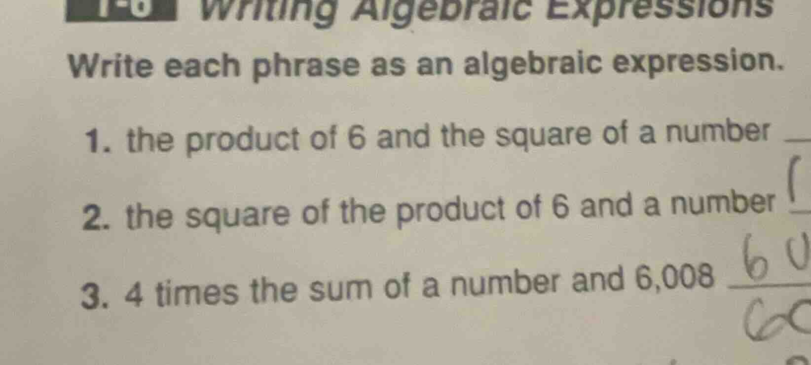 1-6 writing algebraic expressions write each phrase as an algebraic exp…