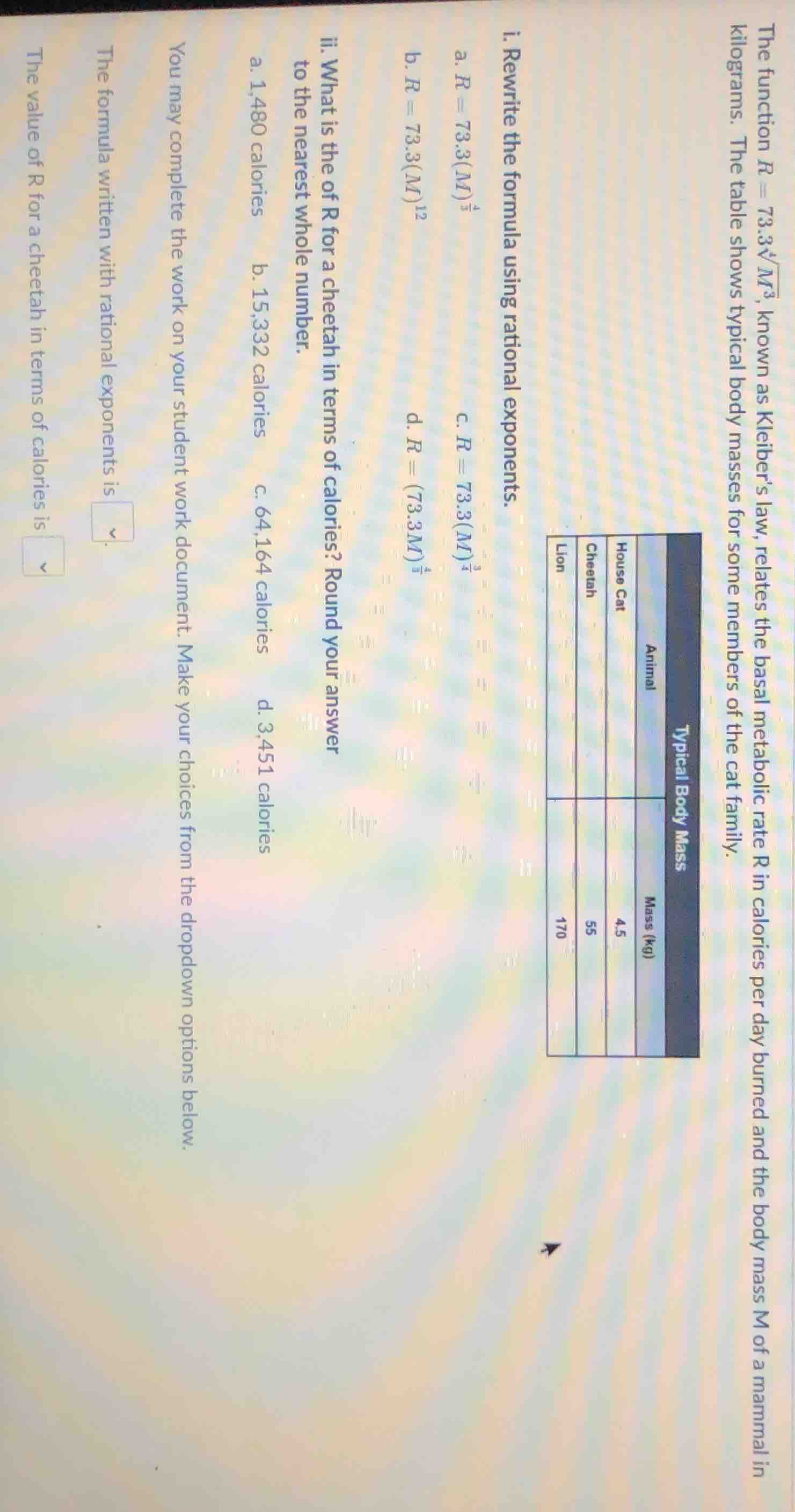 the function ( r = 73.3sqrt4{m^3} ), known as kleiber’s law, relates th…