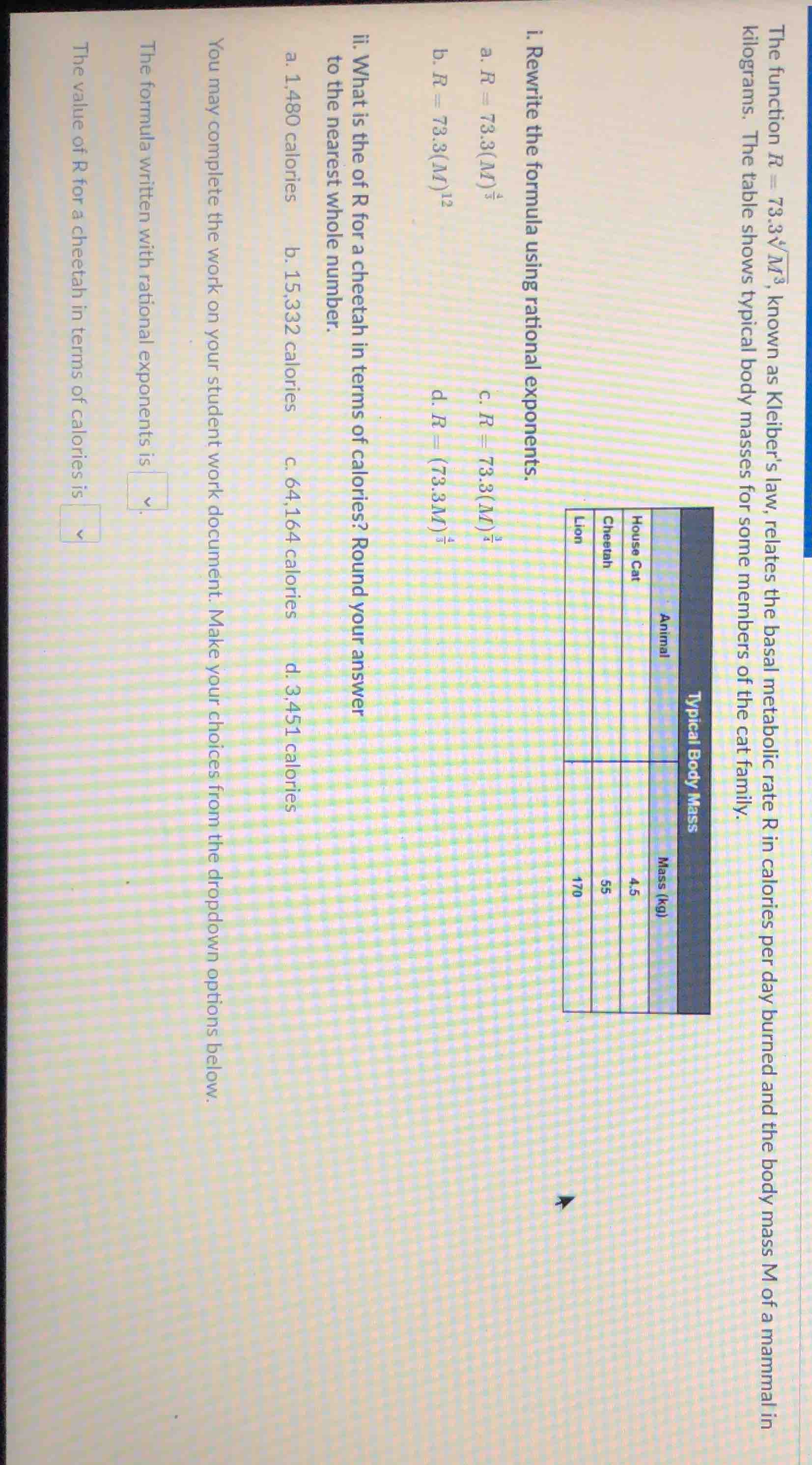 the function ( r = 73.3sqrt4{m^3} ), known as kleiber’s law, relates th…