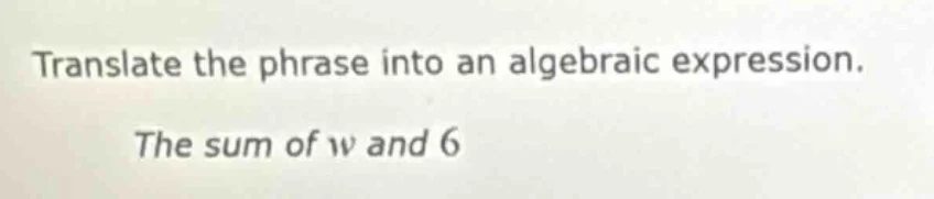 translate the phrase into an algebraic expression. the sum of w and 6