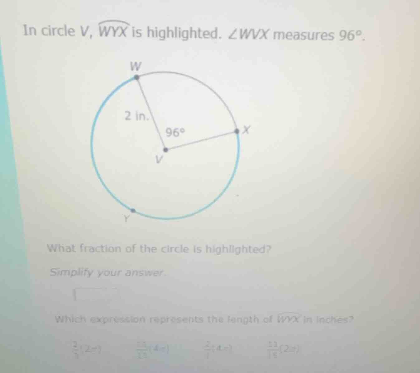in circle v, \\(\\overarc{wyx}\\) is highlighted. \\(\\angle wvx\\) mea…