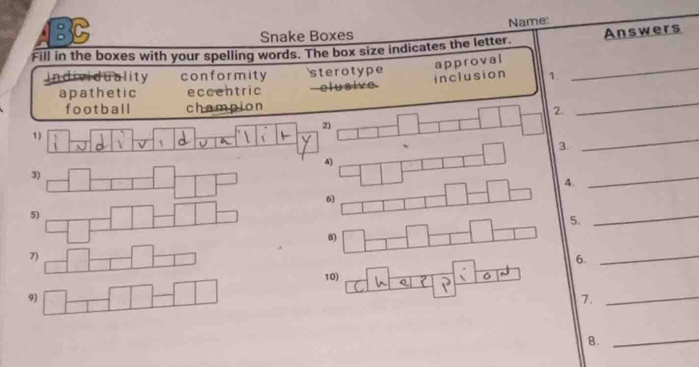 snake boxes fill in the boxes with your spelling words. the box size in…