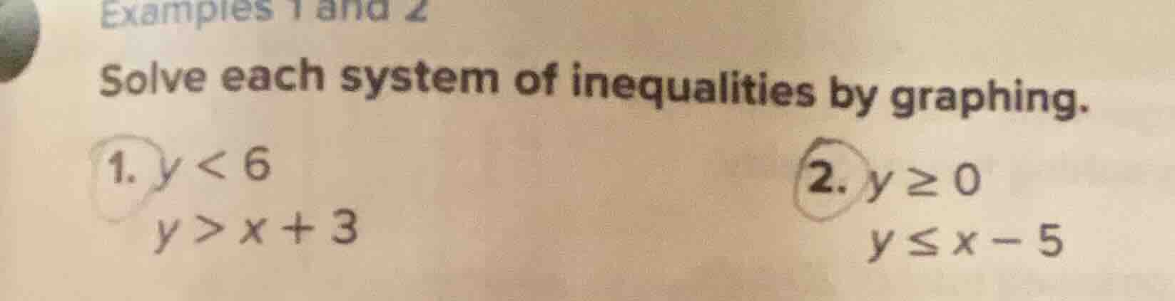 examples 1 and 2 solve each system of inequalities by graphing. 1. $y <…