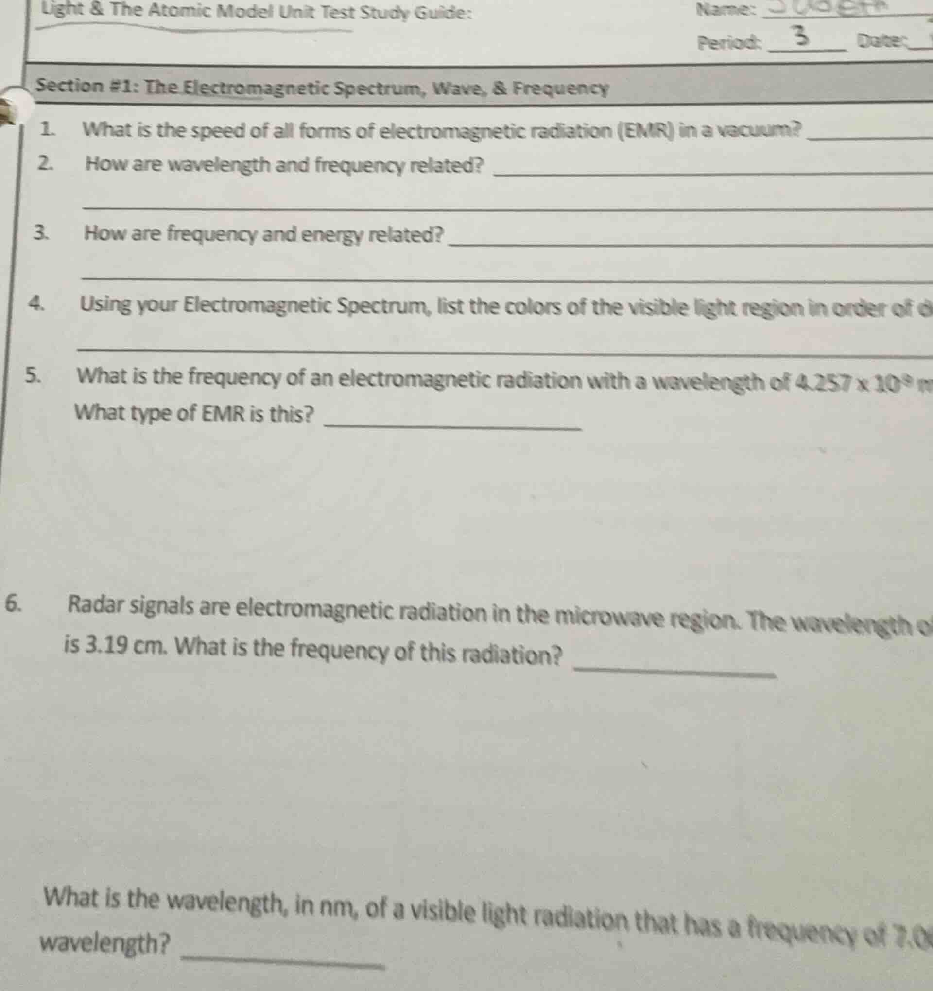 light & the atomic model unit test study guide: name: period: 3 date: s…