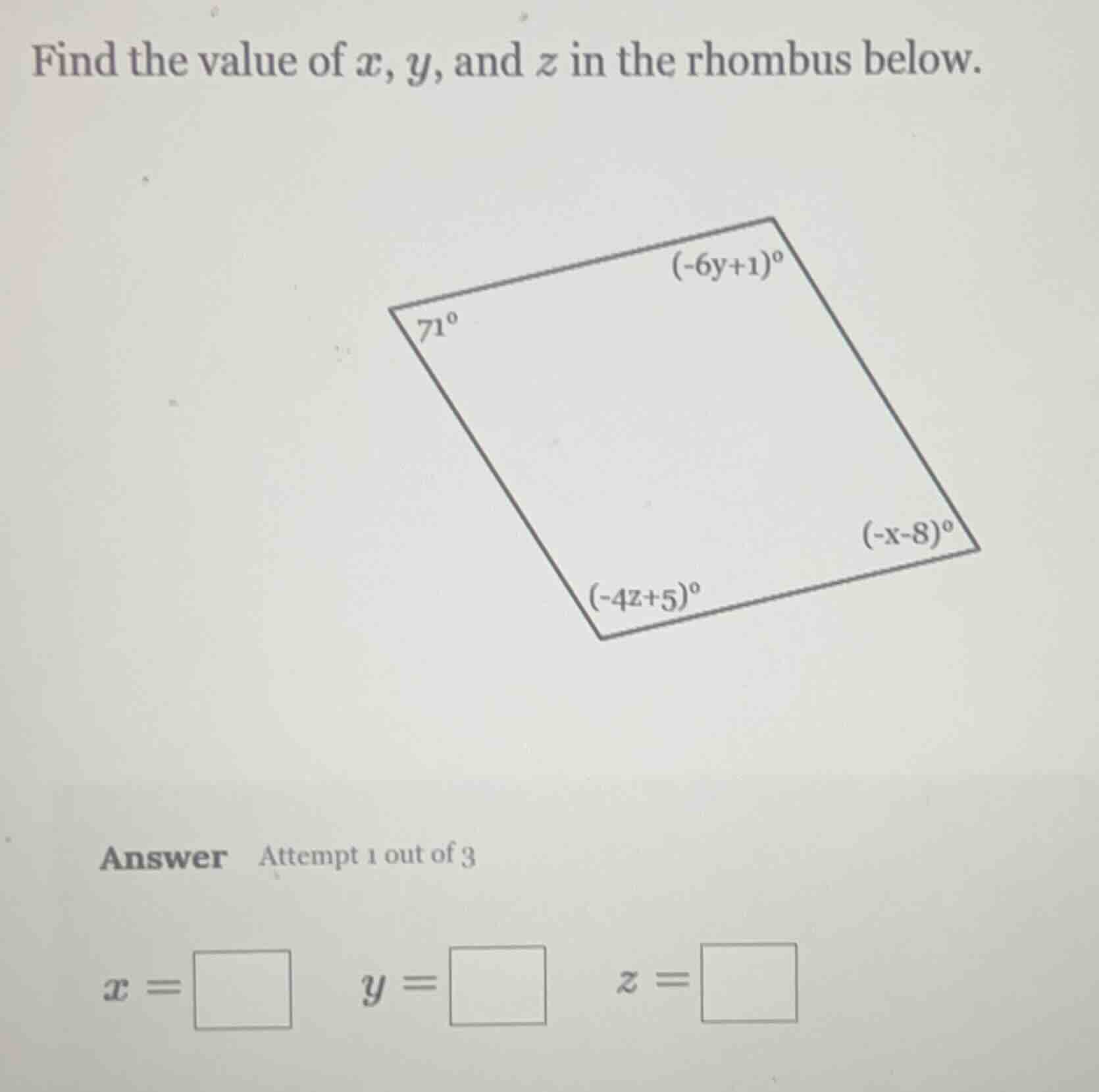 find the value of ( x ), ( y ), and ( z ) in the rhombus below. answer …