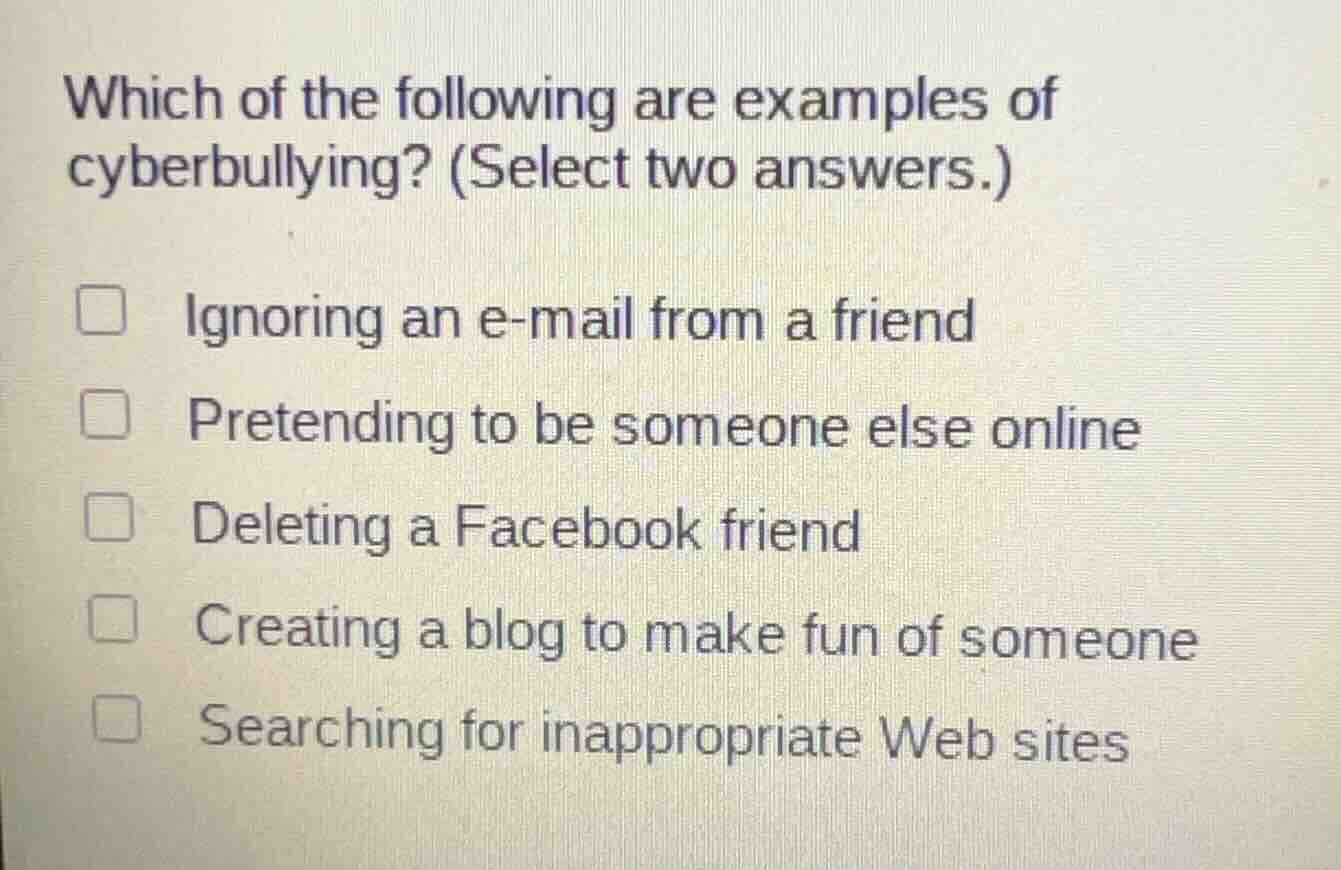 which of the following are examples of cyberbullying? (select two answe…