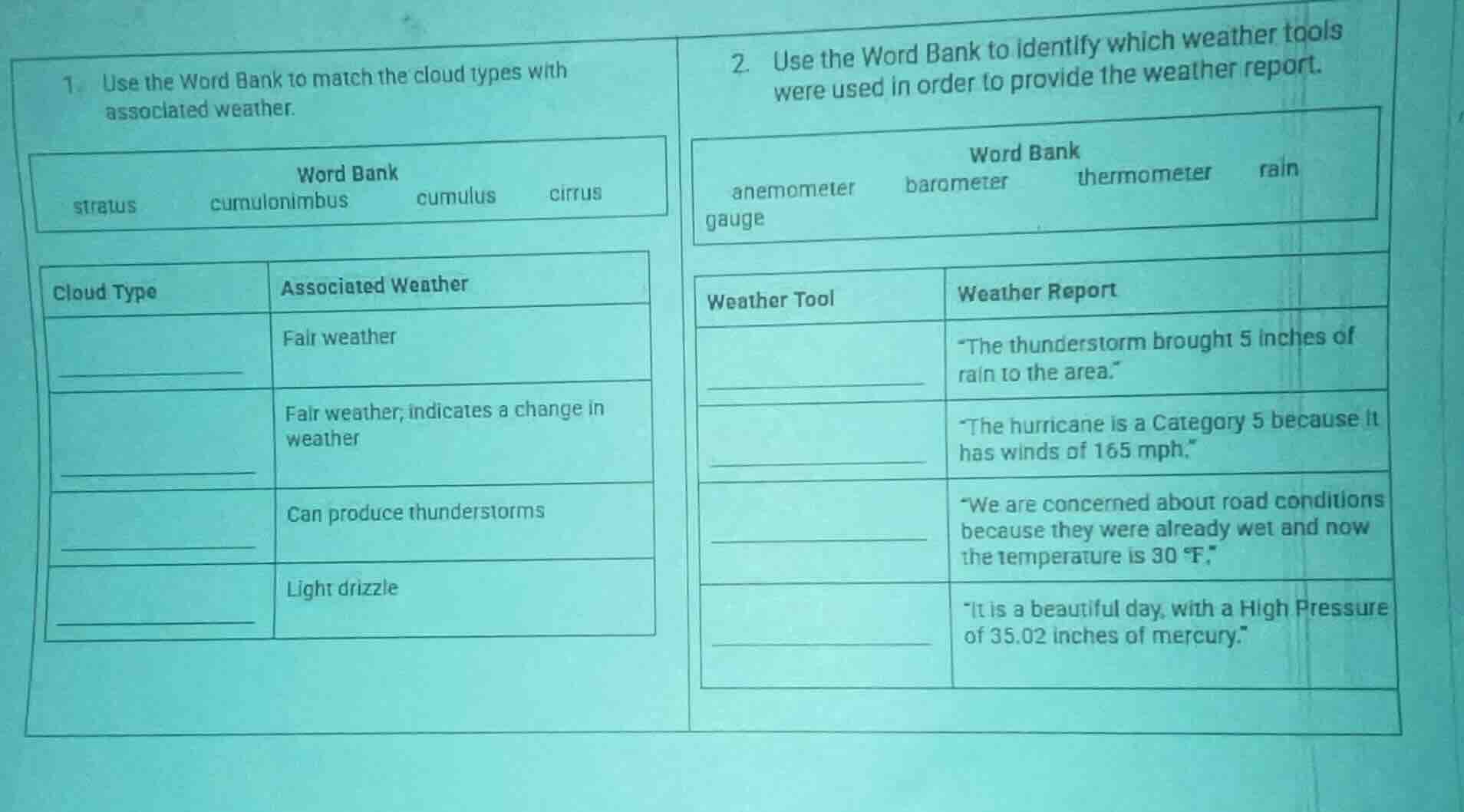 1. use the word bank to match the cloud types with associated weather. …