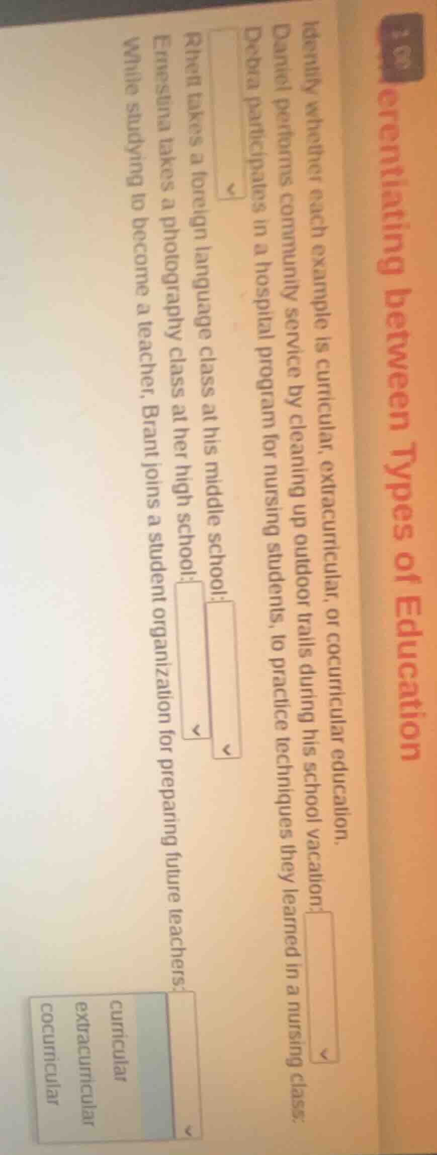 identifying between types of education identify whether each example is…