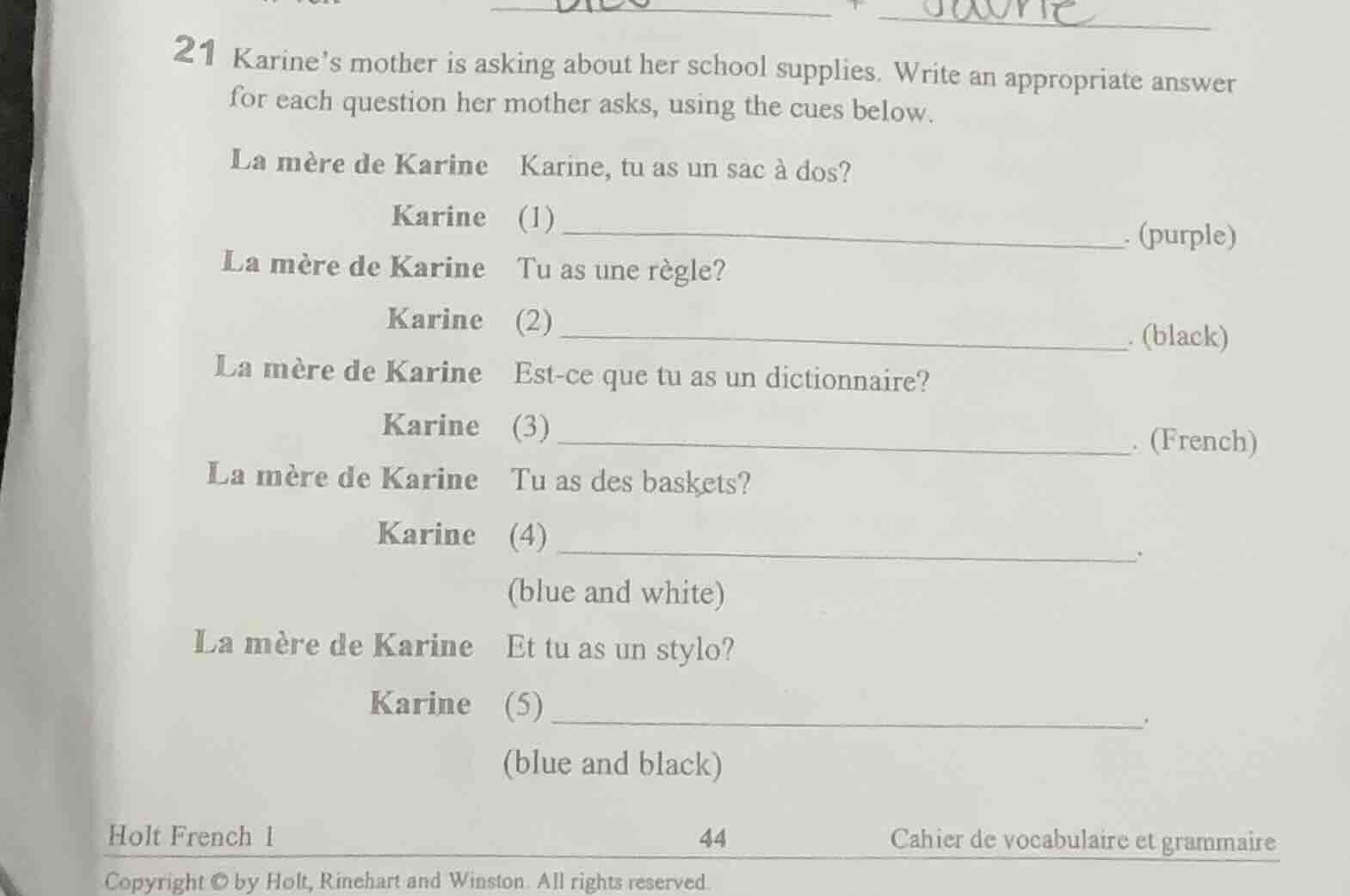 21 karines mother is asking about her school supplies. write an appropr…