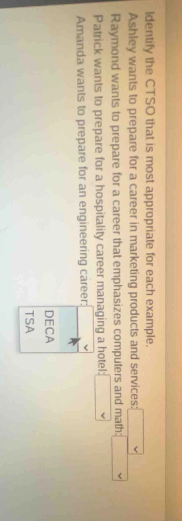 identify the ctso that is most appropriate for each example. ashley wan…