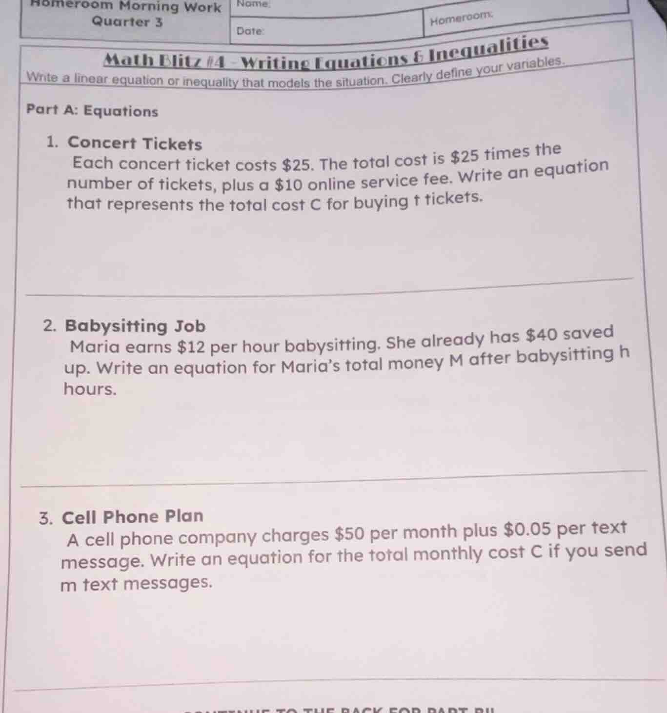 homeroom morning work quarter 3 math blitz #4 - writing equations & ine…