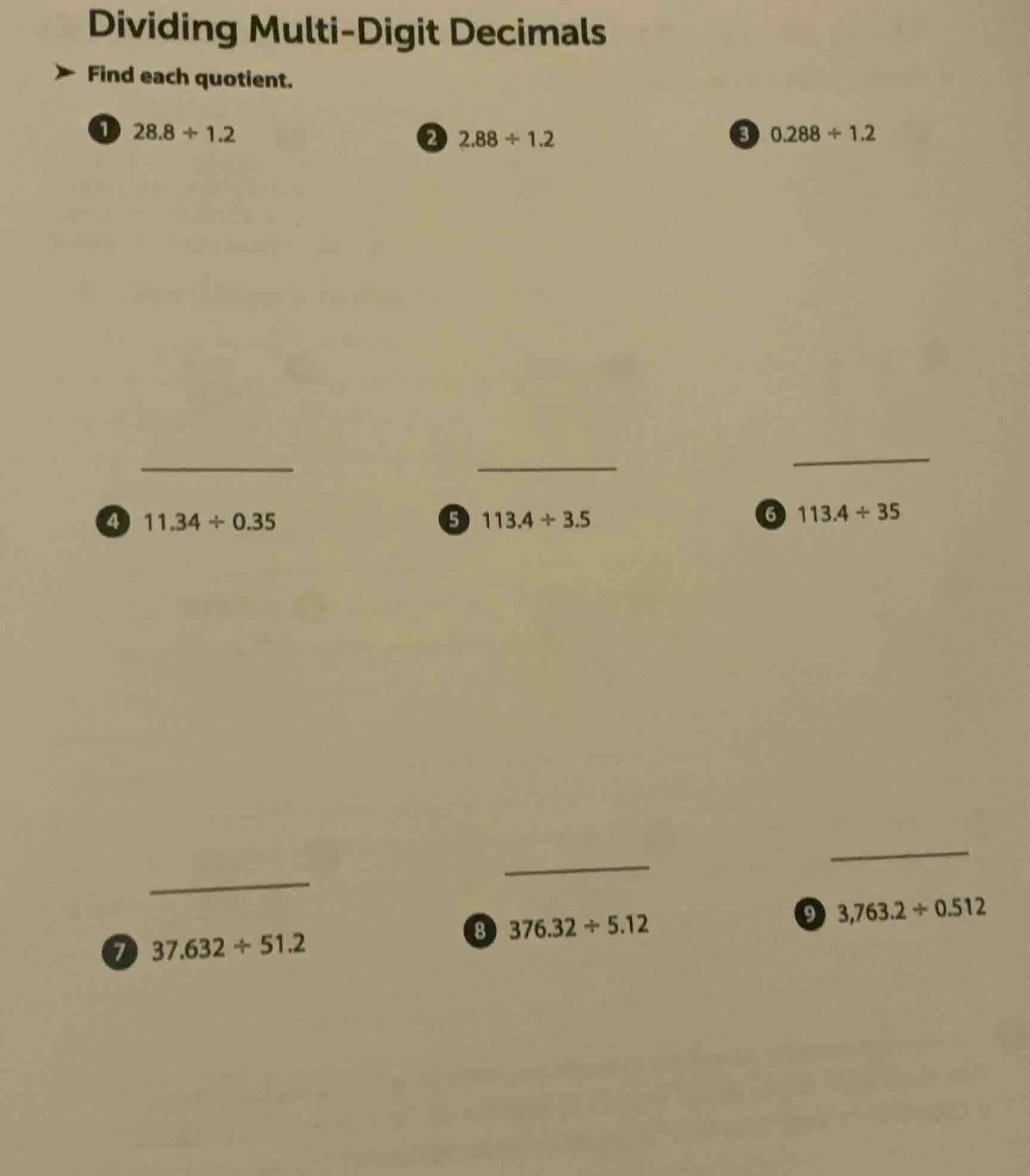 dividing multi-digit decimals find each quotient. 1 ( 28.8 div 1.2 ) 2 …