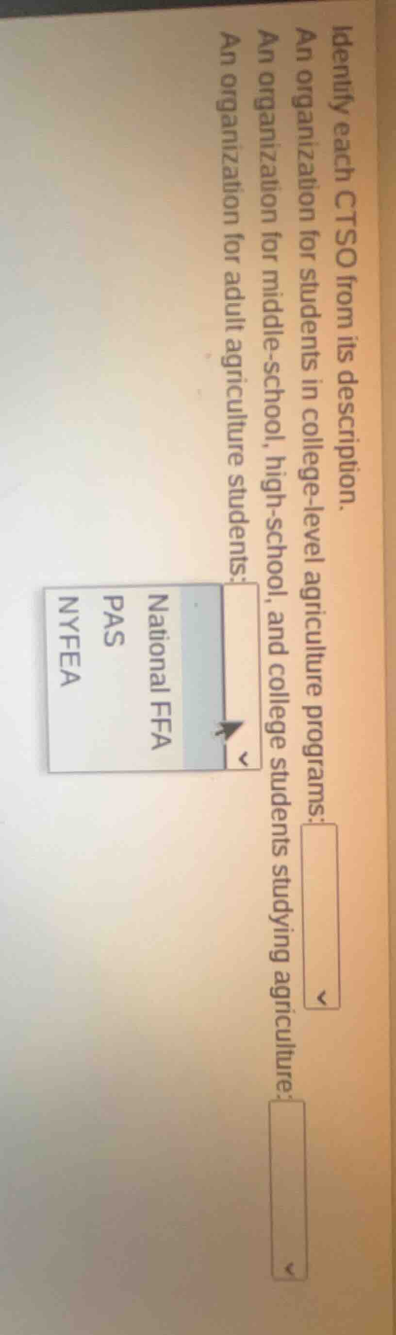 identify each ctso from its description. an organization for students i…